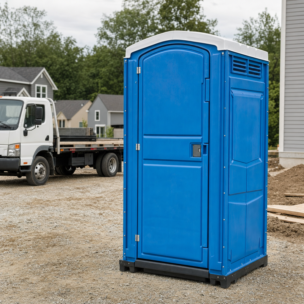 Delivery driver positioning a clean royal-blue portable toilet on level ground at a Overland Park worksite