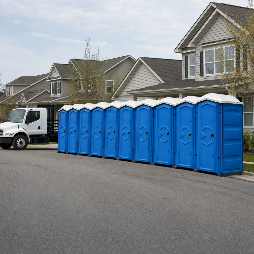 Royal blue portable toilets staged in a tidy row at a Overland Park jobsite, ready for delivery